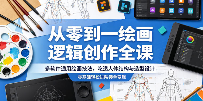 从零到一绘画逻辑创作全课，多软件通用绘画技法，吃透人体结构与造型设计，零基础轻松进阶接单变现-老吴出海笔记
