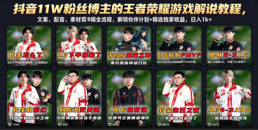 抖音11W粉丝博主的王者荣耀游戏解说教程,文案、配音、素材剪辑全流程,解锁伙伴计划+精选独家收益,日入1k+-老吴出海笔记