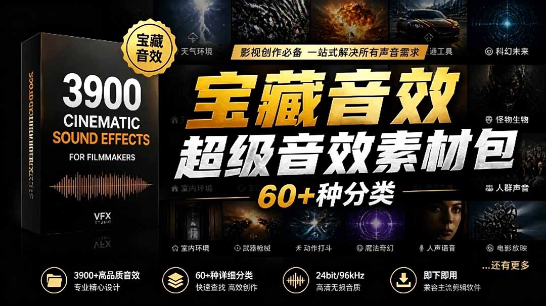 宝藏音效合集包!60+多种音效分类,共计3900个,分类清晰,全中文分类,高品质剪辑音效素材包-老吴出海笔记