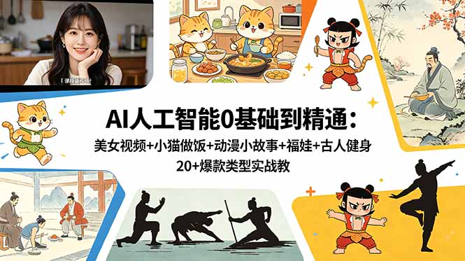 AI人工智能0基础到精通:美女视频+小猫做饭+动漫小故事+福娃+古人健身,20+爆款类型实战教学-老吴出海笔记