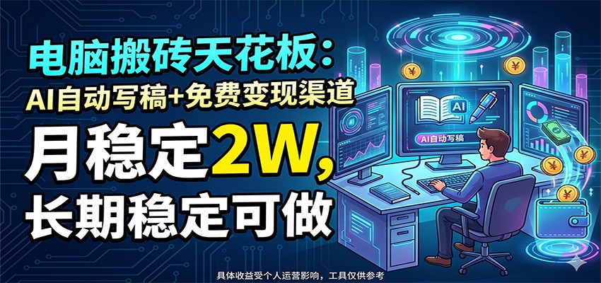 电脑搬砖天花板：AI自动写稿+免费变现渠道，月稳定2W，长期稳定可做-老吴出海笔记