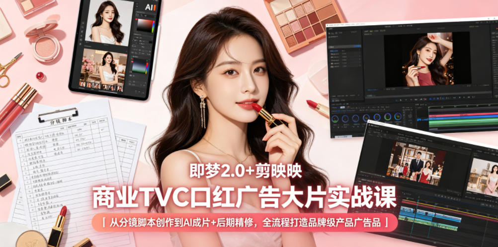 即梦2.0+剪映商业TVC口红广告大片实战课|从分镜脚本创作到AI成片+后期精修,全流程打造品牌级产品广告-老吴出海笔记