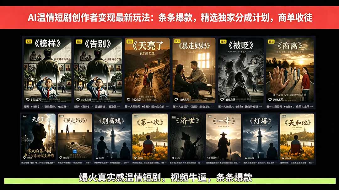 AI温情短剧创作者变现最新玩法:视频牛逼,条条爆款,精选独家分成计划,商单收徒-老吴出海笔记