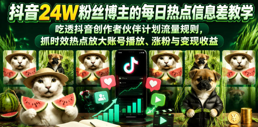 抖音24W粉丝博主的每日热点信息差教学,吃透创作者伙伴计划流量规则,抓时效热点放大账号播放、涨粉与变现收益-老吴出海笔记