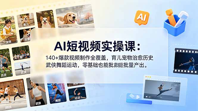 AI短视频实操课:140+爆款视频制作全覆盖,育儿宠物治愈历史武侠舞蹈运动,零基础也能批量产出-老吴出海笔记
