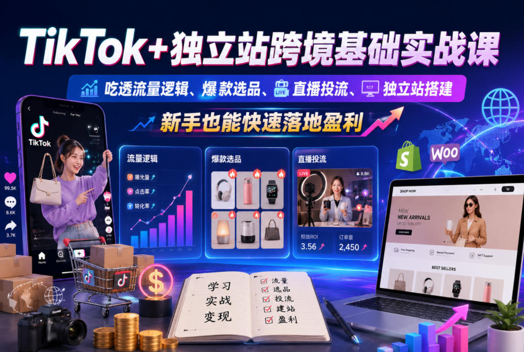 TikTok+独立站跨境基础实战课,吃透流量逻辑、爆款选品、直播投流与独立站搭建,新手也能快速落地盈利-老吴出海笔记