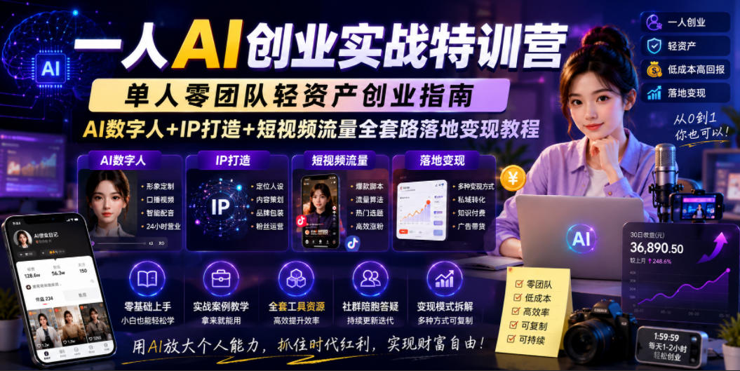 一人AI创业实战特训营,单人零团队轻资产创业指南,AI数字人+IP打造+短视频流量全套路落地变现教程-老吴出海笔记