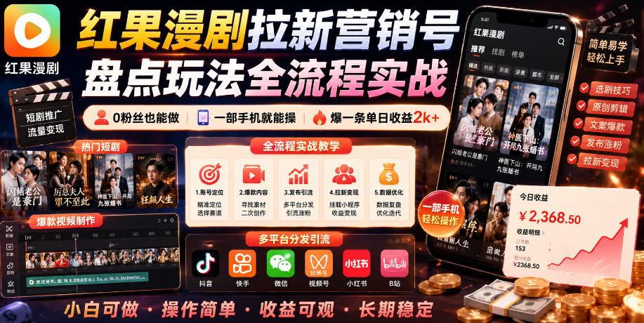 红果漫剧拉新营销号盘点玩法全流程实战,0粉丝也能做,一部手机就能做,爆一条单日收益2k+-老吴出海笔记