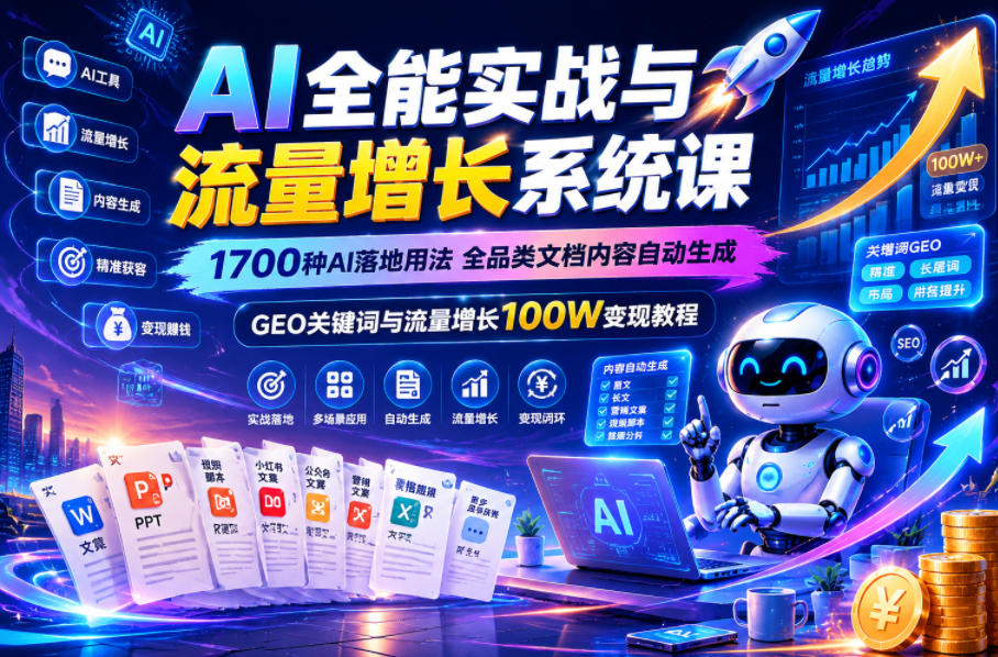 AI全能实战与流量增长系统课,1700种AI落地用法,全品类文档内容自动生成,GEO关键词与流量增长100W变现教程-老吴出海笔记