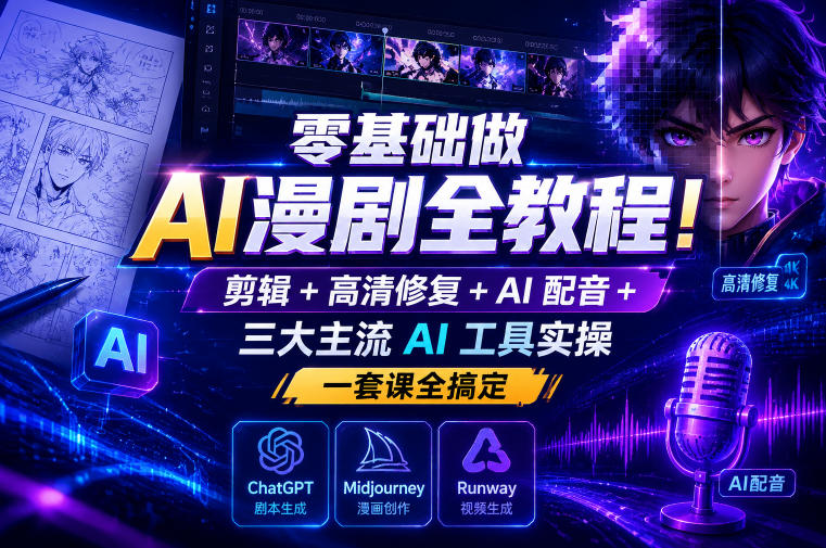 零基础做AI漫剧全教程！剪辑+高清修复+AI配音+三大主流AI工具实操，一套课全搞定-老吴出海笔记