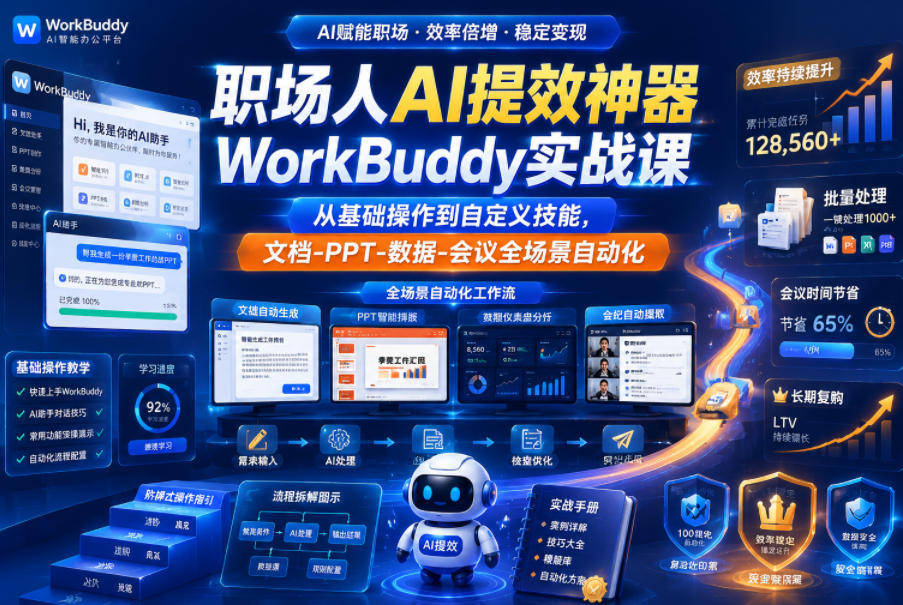 职场人AI提效神器WorkBuddy实战课，从基础操作到自定义技能，文档-PPT-数据-会议全场景自动化-老吴出海笔记