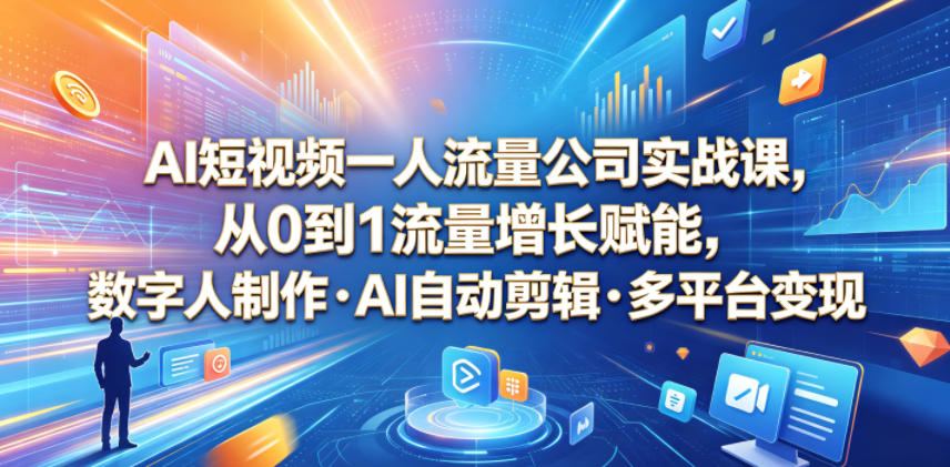 AI短视频一人流量公司实战课,从0到1流量增长赋能,数字人制作・AI自动剪辑・多平台变现,一人做流量生意全落地教程-老吴出海笔记