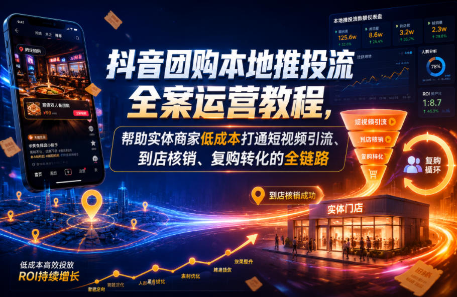 抖音团购本地推投流全案运营教程,帮助实体商家低成本打通短视频引流、到店核销、复购转化的全链路-老吴出海笔记