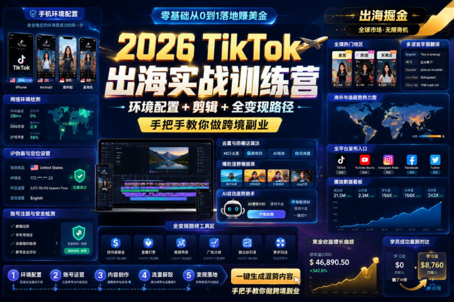 2026 TikTok出海实战训练营，环境配置 + 剪辑 + 全变现路径，手把手教你做跨境副业-老吴出海笔记