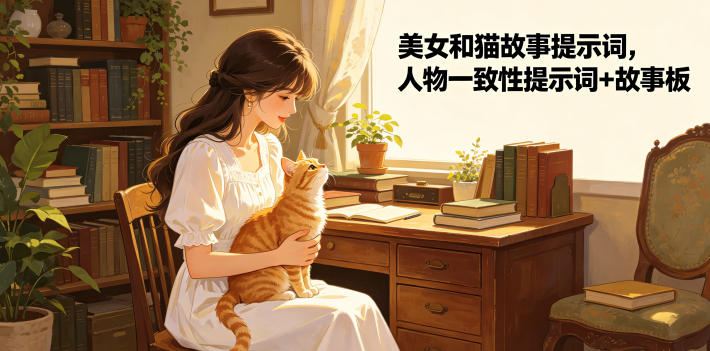 美女和猫故事提示词,人物一致性提示词+故事板-老吴出海笔记