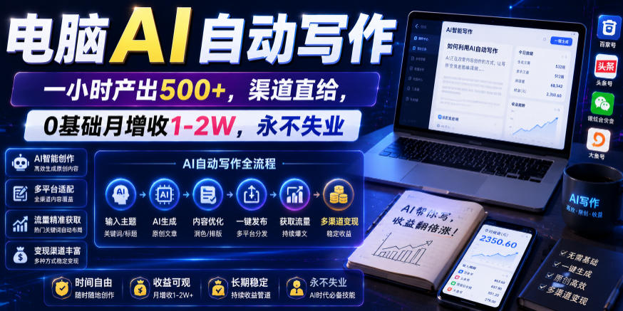 电脑AI自动写作，一小时产出500+，渠道直给，0基础月增收1-2W，永不失业【揭秘】-老吴出海笔记