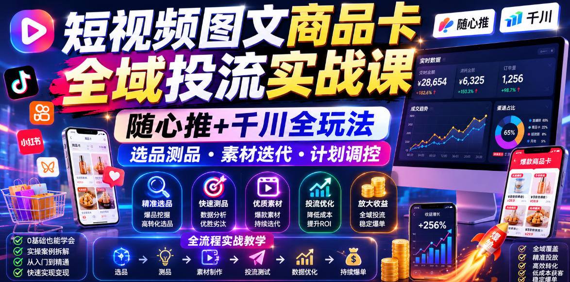 短视频图文商品卡全域投流实战课,随心推+千川全玩法,选品测品・素材迭代・计划调控,提升ROI爆单增收教程-老吴出海笔记