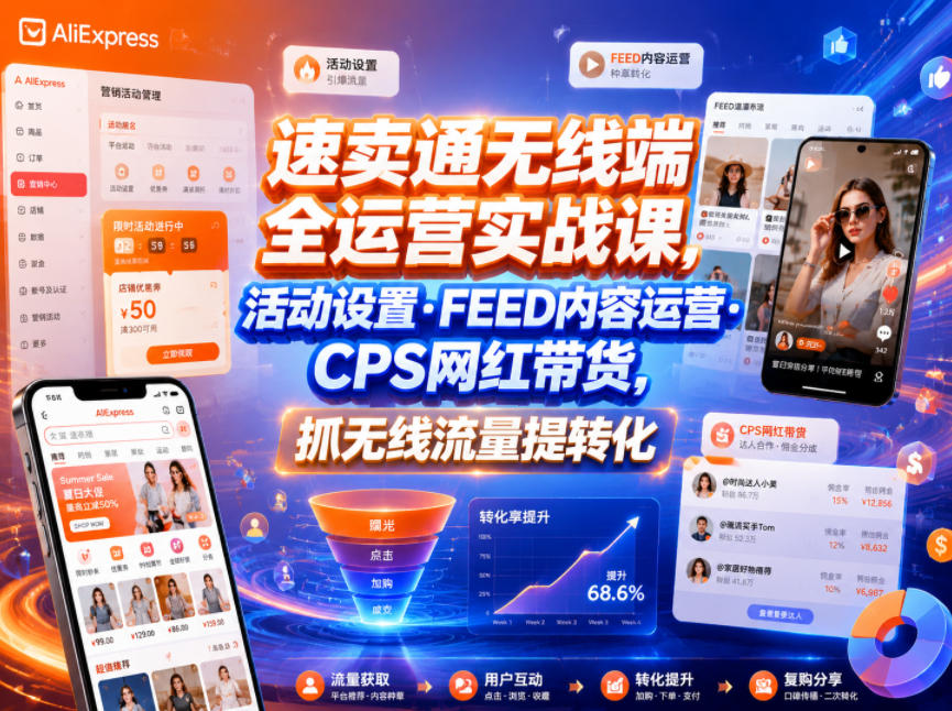 速卖通无线端全运营实战课,活动设置・FEED内容运营・CPS网红带货,抓无线流量提转化-老吴出海笔记