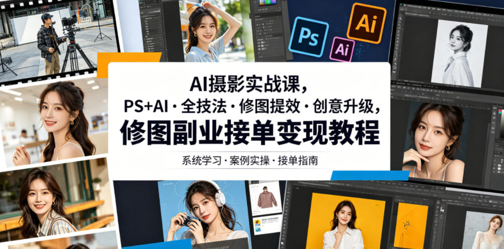AI摄影实战课,PS+AI・全技法・修图提效・创意升级,修图副业接单变现教程-老吴出海笔记