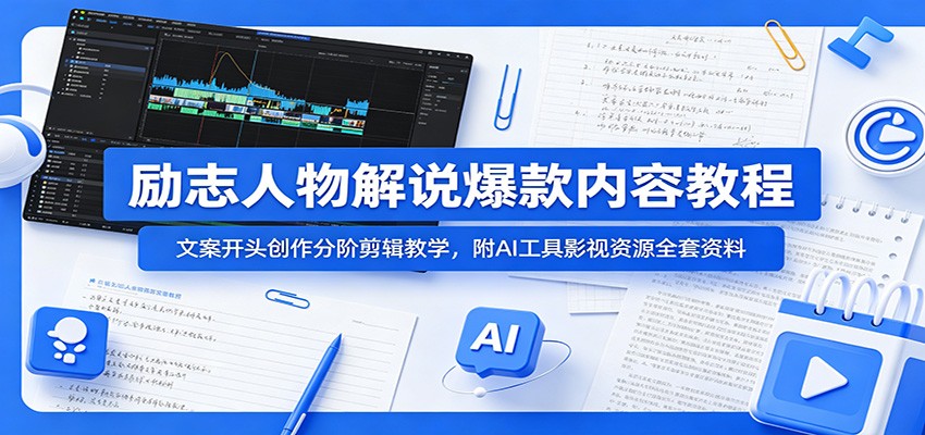 励志人物解说爆款内容教程:文案开头创作分阶剪辑教学,附AI 工具影视资源全套资料-老吴出海笔记