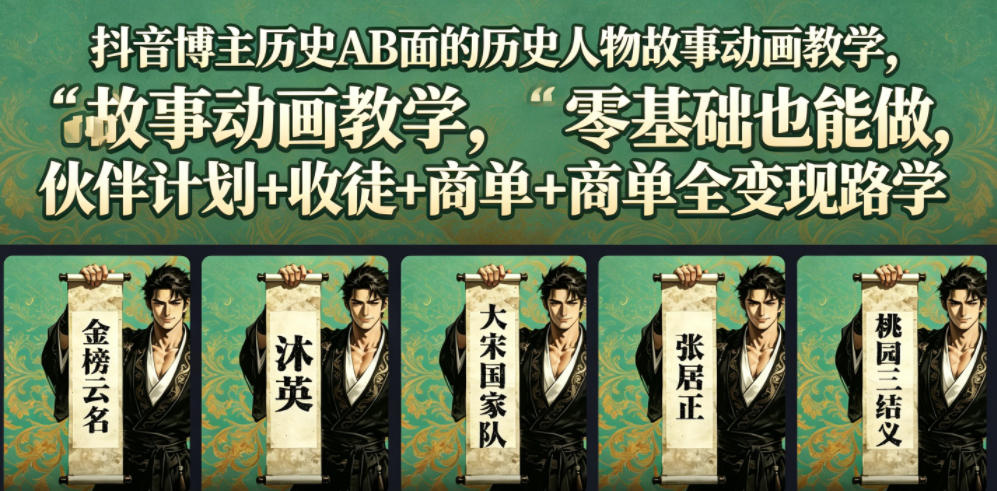 抖音博主历史AB面的历史人物故事动画教学,零基础也能做,伙伴计划+收徒+商单全变现路径教学-老吴出海笔记