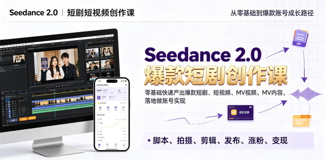Seedance 2.0短剧短视频创作课,零基础快速产出爆款短剧、短视频、MV内容,落地做账号实现变现-老吴出海笔记
