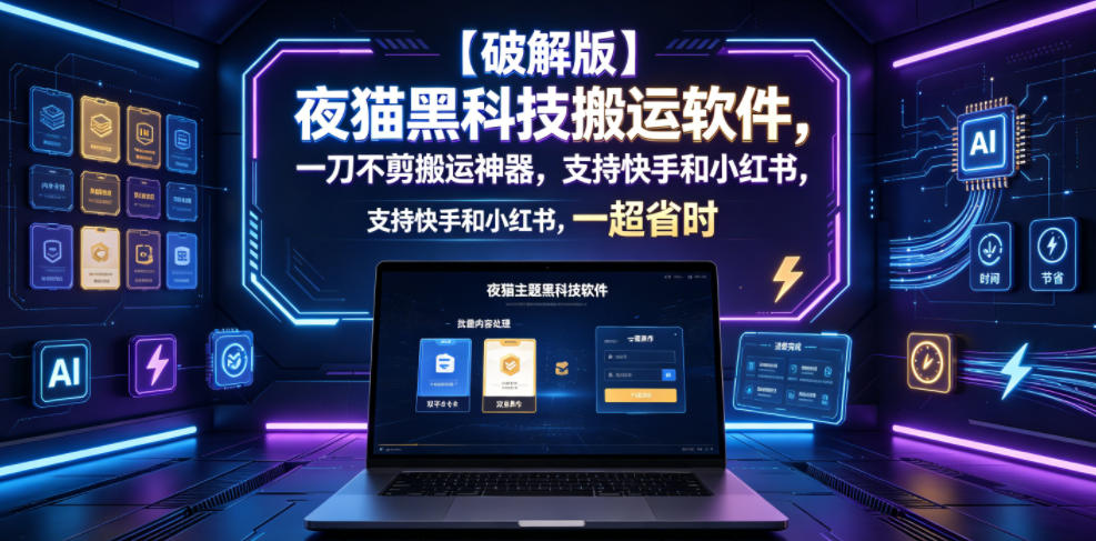 【破解版】夜猫黑科技搬运软件,一刀不剪搬运神器,支持快手和小红书,一键搬运超省时!-老吴出海笔记