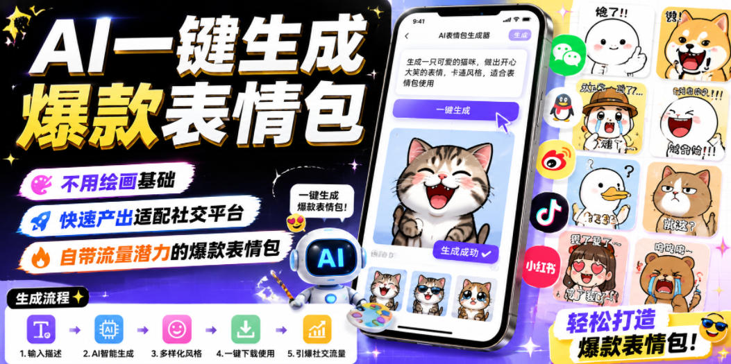 AI一键生成爆款表情包,不用绘画基础,快速产出适配社交平台,自带流量潜力的爆款表情包-老吴出海笔记