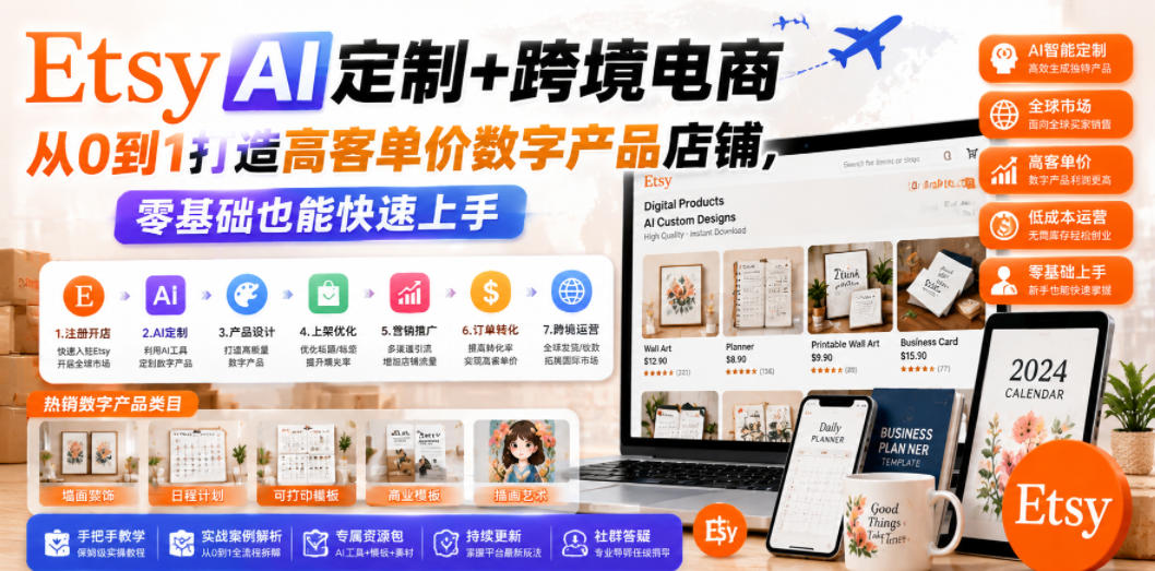 Etsy AI定制+跨境电商,从0到1打造高客单价数字产品店铺,零基础也能快速上手-老吴出海笔记