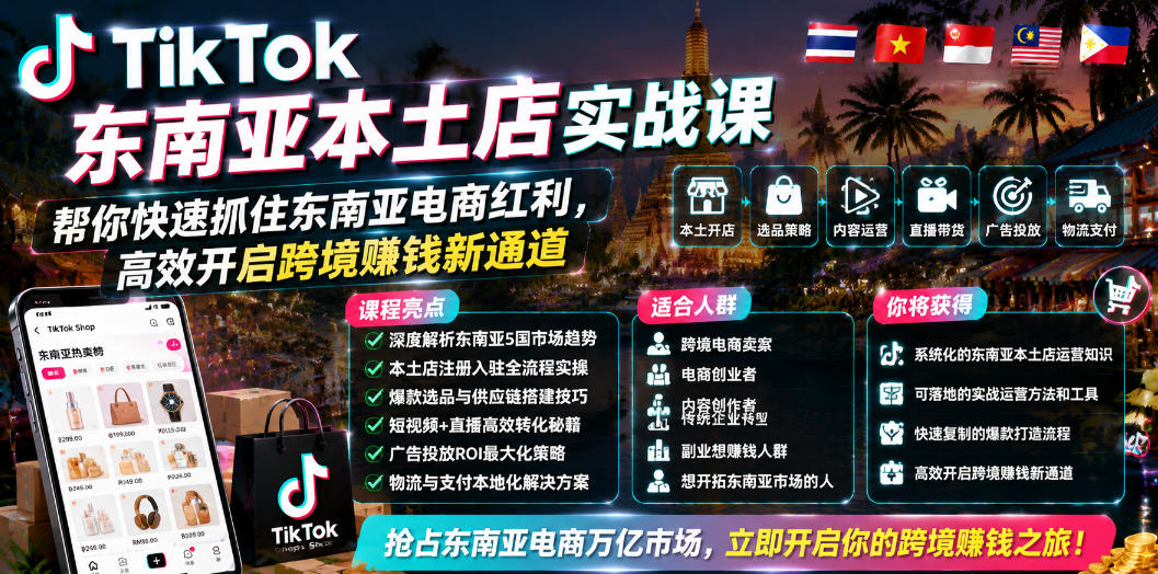 TikTok东南亚本土店实战课,帮你快速抓住东南亚电商红利,高效开启跨境賺钱新通道-老吴出海笔记