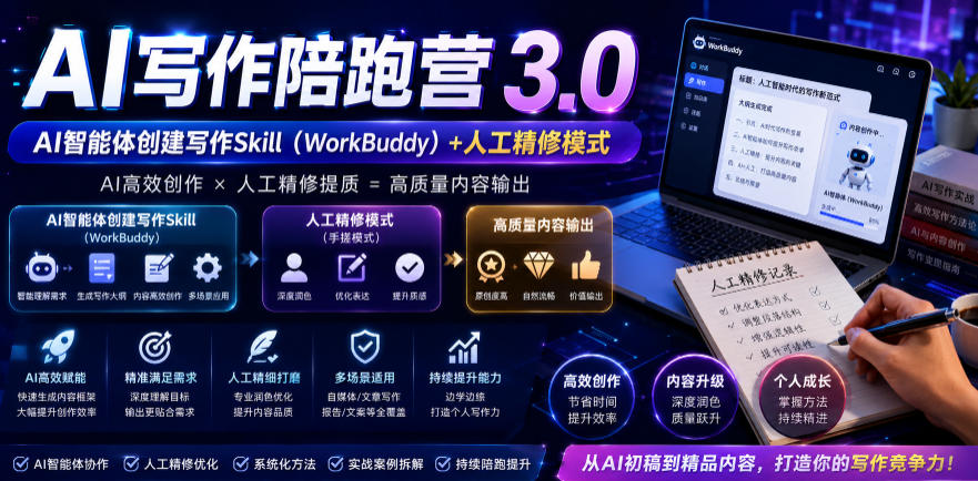 AI写作陪跑营3.0,Ai智能体创建写作skill(workbuddy)+人工手写模式(手搓模式),去除AI痕迹(头条号、公众号、百家号)-老吴出海笔记