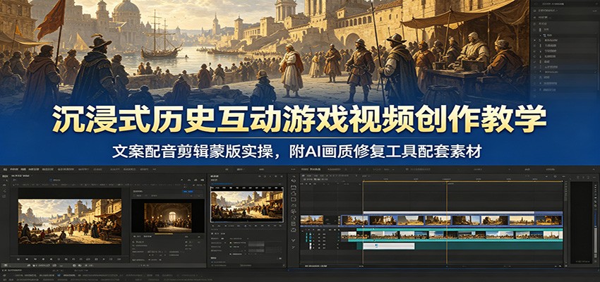 沉浸式历史互动游戏视频创作教学:文案配音剪辑蒙版实操,附AI画质修复工具配套素材-老吴出海笔记