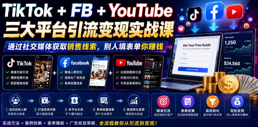 TikTok+FB+YouTube三大平台引流变现实战课，通过社交媒体获取销售线索，别人填表单你賺钱【原创双语字幕】-老吴出海笔记
