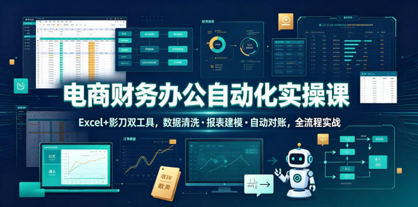 电商财务办公自动化实操课,Excel+影刀双工具,数据清洗・报表建模・自动对账,全流程实战-老吴出海笔记