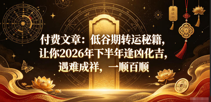 付费文章：低谷期转运秘籍，让你2026年下半年逢凶化吉，遇难成祥，一顺百顺-老吴出海笔记