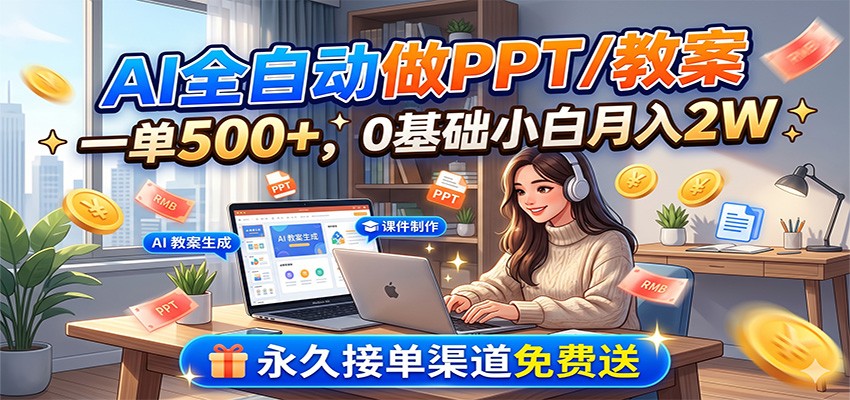 AI全自动做PPT/教案,一单500+,0基础小白月入2W,永久接单渠道免费送-老吴出海笔记