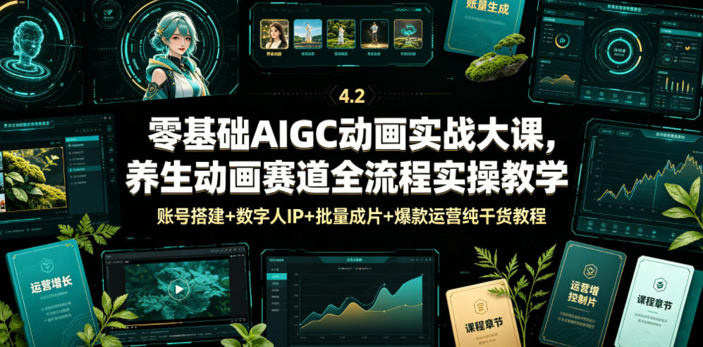 零基础AIGC动画实战大课，养生动画赛道全流程实操教学，账号搭建+数字人IP+批量成片+爆款运营纯干货教程-老吴出海笔记