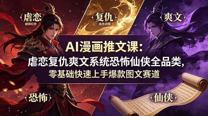 AI漫画推文课:虐恋复仇爽文系统恐怖仙侠全品类,零基础快速上手爆款图文赛道-老吴出海笔记