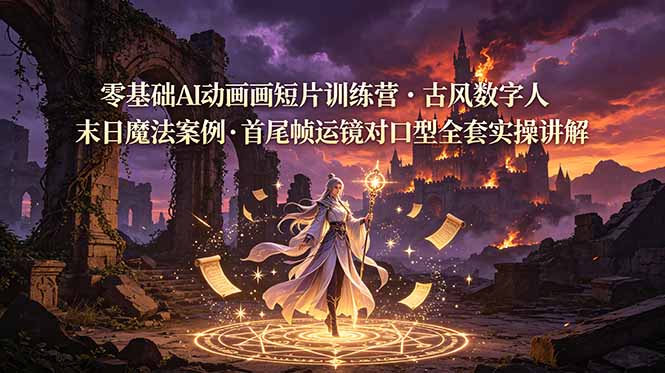 零基础AI动画短片训练营,古风数字人末日魔法案例,首尾帧运镜对口型全套实操讲解-老吴出海笔记