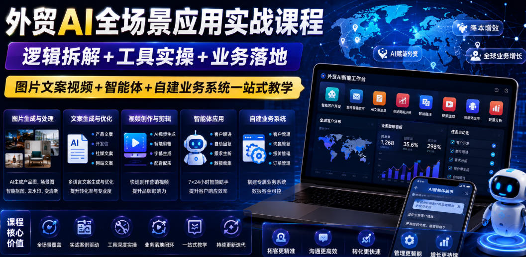 外贸AI全场景应用实战课程｜逻辑拆解+工具实操+业务落地，图片文案视频+智能体+自建业务系统一站式教学-老吴出海笔记
