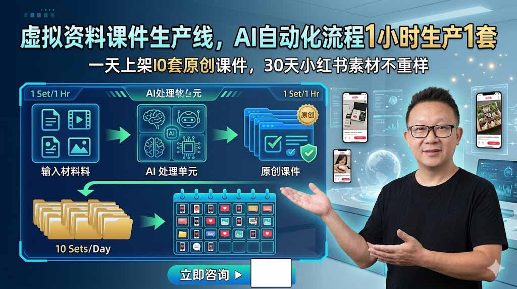 虚拟资料课件生产线,AI自动化流程1小时生产1套,一天上架10套原创课件,30天小红书素材不重样-老吴出海笔记