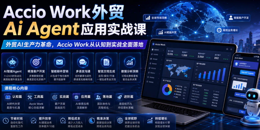 Accio Work外贸Ai Agent应用实战课，外贸AI生产力革命，Accio Work从认知到实战全面落地-老吴出海笔记