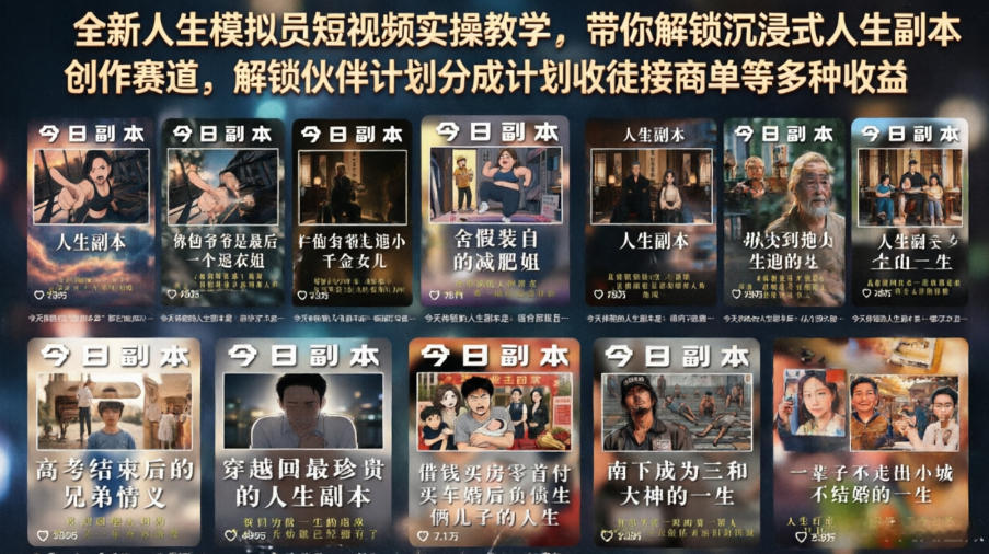 全新人生模拟员短视频实操教学，带你解锁沉浸式人生副本创作赛道，解锁伙伴计划分成计划收徒接商单等多种收益-老吴出海笔记