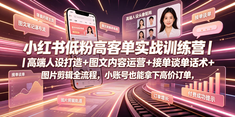 小红书低粉高客单实战训练营｜高端人设打造+图文内容运营+接单谈单话术+图片剪辑全流程，小账号也能拿下高价订单-老吴出海笔记