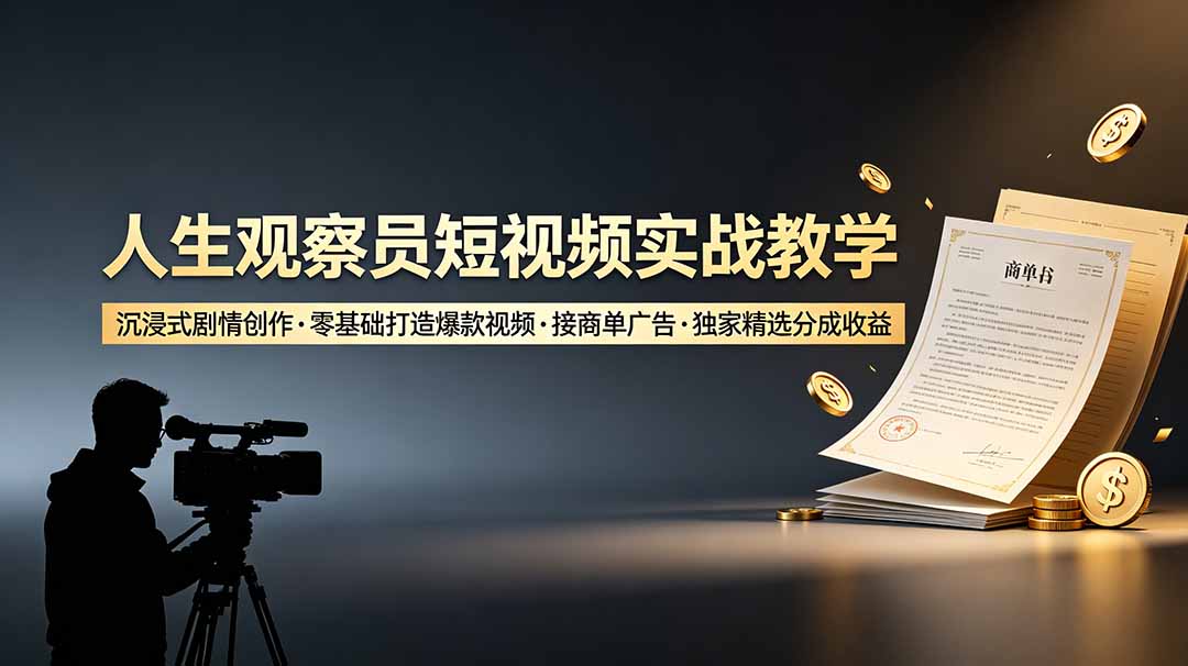 人生观察员短视频实战教学,沉浸式剧情创作,零基础打造爆款视频,接商单广告,独家精选分成收益-老吴出海笔记