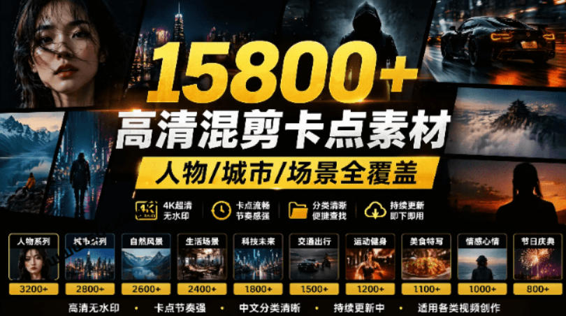 【影视剪辑素材合集】15800+高清混剪卡点｜热门影视精彩片段｜人物/城市/场景全覆盖，中文分类清晰-老吴出海笔记