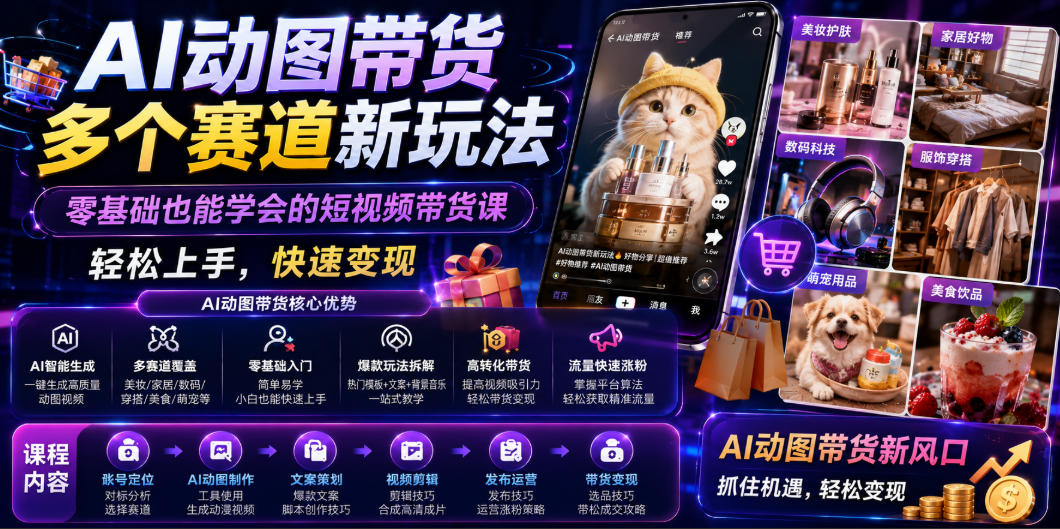 AI动图带货多个赛道新玩法，零基础也能学会的短视频带货课，轻松上手，快速变现-老吴出海笔记