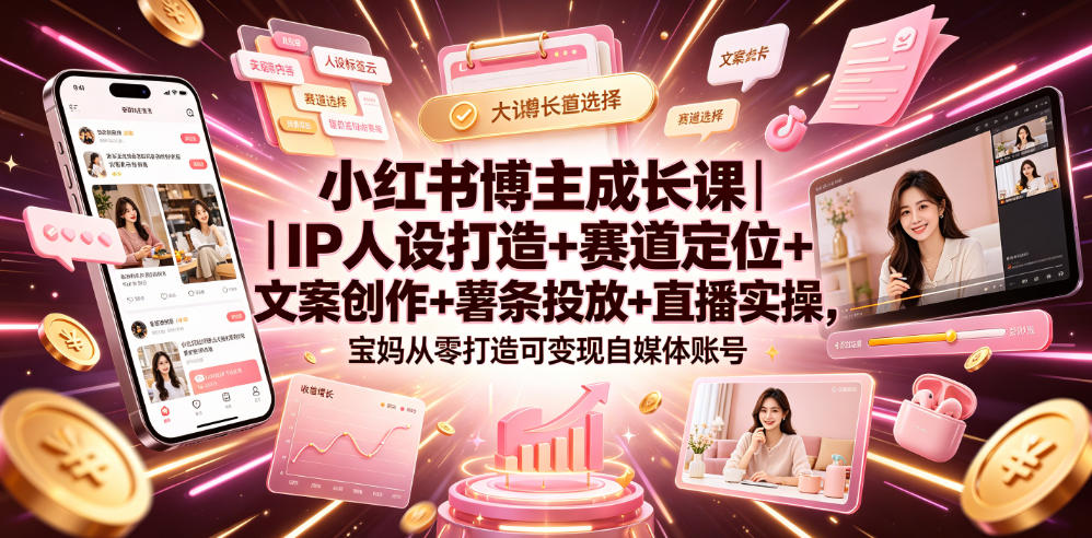 小红书博主成长课｜IP人设打造+赛道定位+文案创作+薯条投放+直播实操，宝妈从零打造可变现自媒体账号-老吴出海笔记