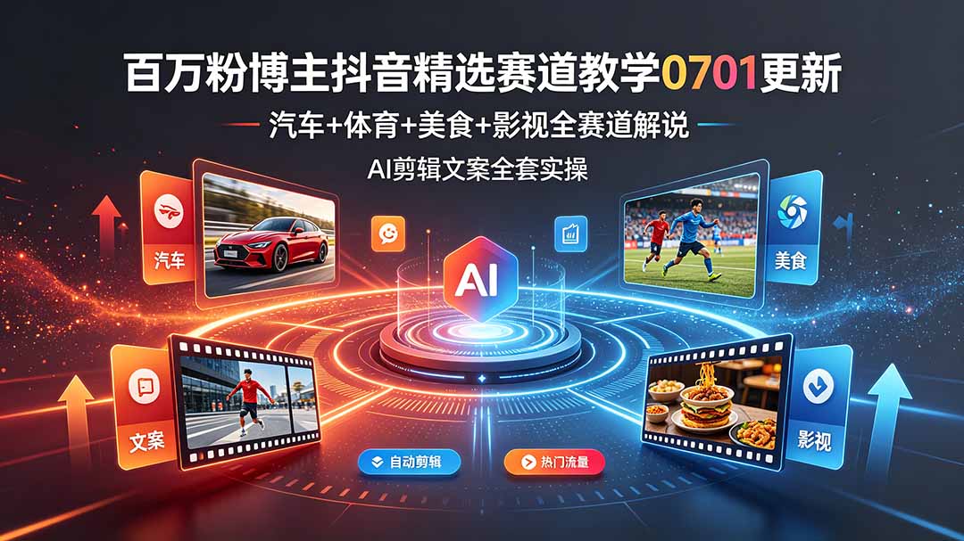 百万粉博主抖音精选赛道教学-0701更新,汽车+体育+美食+影视全赛道解说,AI剪辑文案全套实操-老吴出海笔记