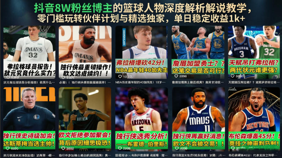 抖音8W粉丝博主的篮球人物深度解析解说教学，零门槛玩转伙伴计划与精选独家，单日稳定收益1k+-老吴出海笔记
